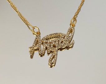  ORDER エンジェルホールディングクラウンネックレス Angel Necklace, Gold Plated Angel Nameplate With Crown - Etsy
