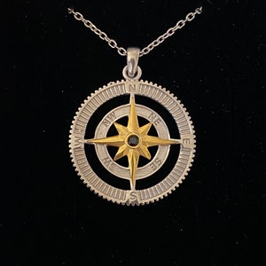 May include: A silver and gold compass pendant necklace with a black gemstone in the center. The compass features the cardinal directions: N, S, E, W, NE, NW, SE, SW.
