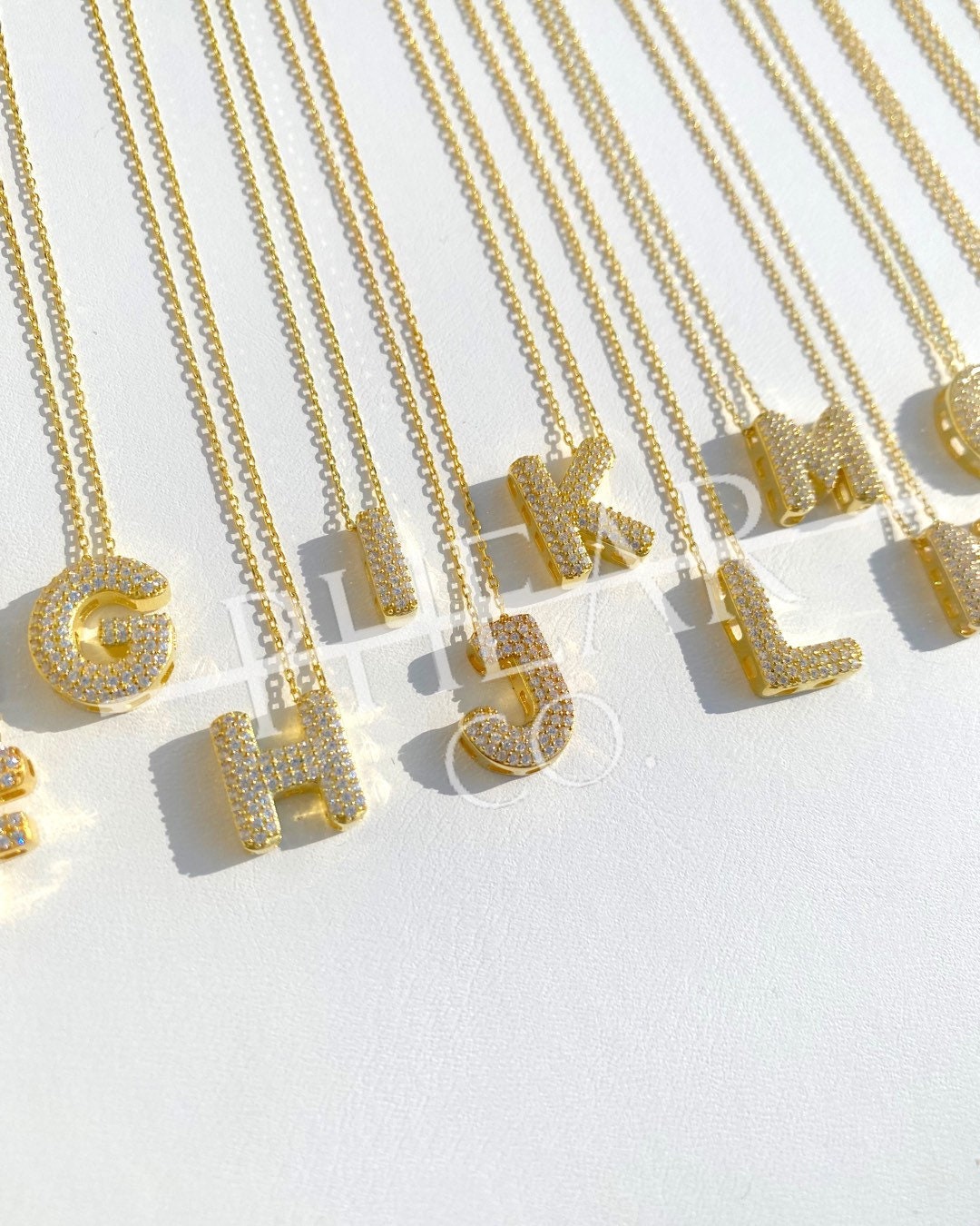 Pave Bubble Letter Necklace, 14k Gold Crystal Initial