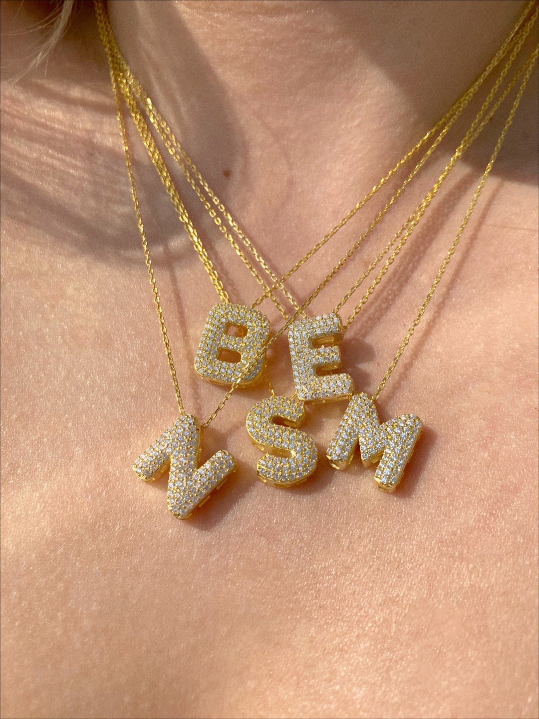 Pave Bubble Letter Necklace, 14k Gold Crystal Initial Pendant, Diamond ...