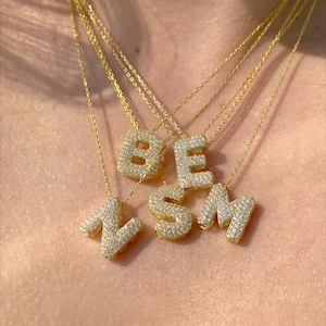 Pave Bubble Letter Necklace, 14k Gold Crystal Initial Pendant, Diamond ...