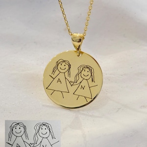 Custom Round Handwriting Necklace, Actual (Your Own) Handwriting, 14k Gold Engraved Pendant, Personalized Signature Jewelry, Perfect Gift