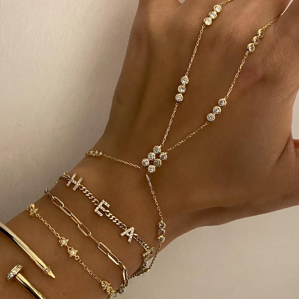 Gold Hand Chain, Bridal Hand Chain Bracelet, Silver Sahmaran, Finger Bracelet, Dainty Hand Chain Bracelet, Bezel Diamond Hand Chain Sahmeran
