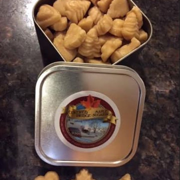 Maple Sugar candy in silver tin, 1 or .5 lbs. containers.