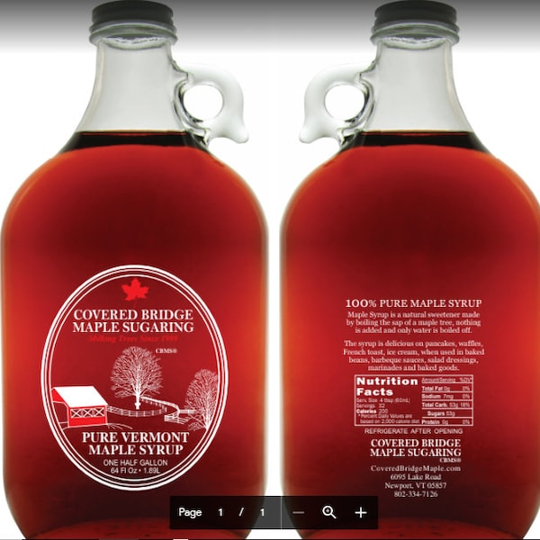 One 1/2 gal. glass jug of pure Vt. :"Organic" Maple syrup