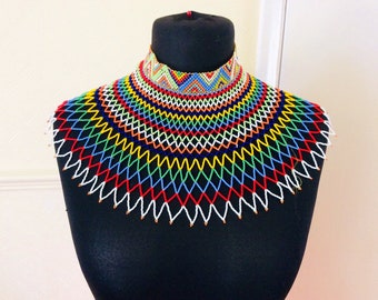 Handmade Beaded Zulu tuttleneck layered iver the shoulder necklace.