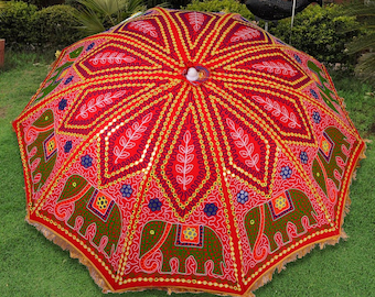 Indian Cotton Elephant Embroidery Wedding Decorative Red Garden Umbrella Handcrafted Beach Sun Protective Hippie Boho Large Garden Parasols