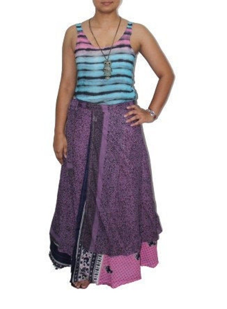 Handmade Indian Silk Sari Double Layer Long Wraparound Women Skirt Designer Multicolor Hippie Boho Beach Wear Casual Flamenco Dress