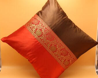 Indian Decorative Brocade Coffee & Red Silky Satin Cushion Cover Square Throw Pillowcase Couch Sofa Home Decor Ethnic Pillow Cover