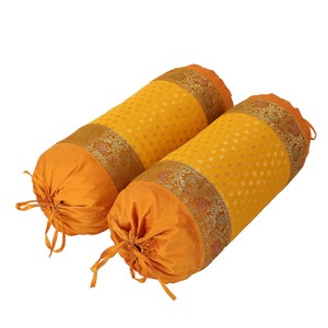 Indian Ethnic Brocade Polydupion Silk Mustard Bolster Cushion Cover Throw Bed Home Decor Back Support Cylindrical Sofa Pillowcase 15X30 Inch image 4