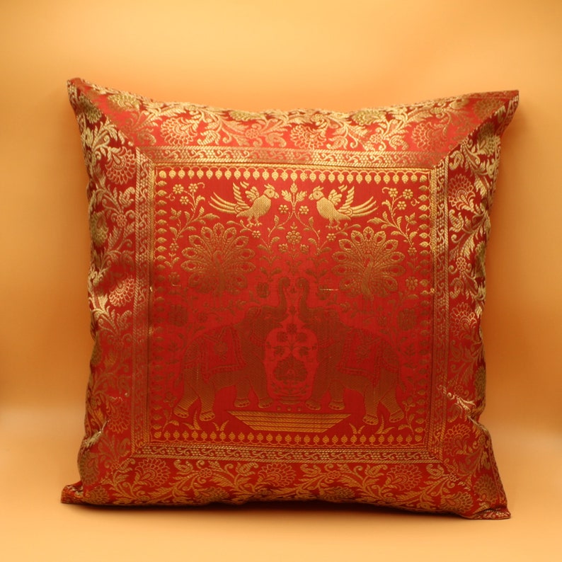 Indian Ethnic Brocade Banarsi Silk Peacock & Elephant Orange Cushion Cover Square Throw Pillowcase for Couch Sofa Home Decor Pillow Cover image 1