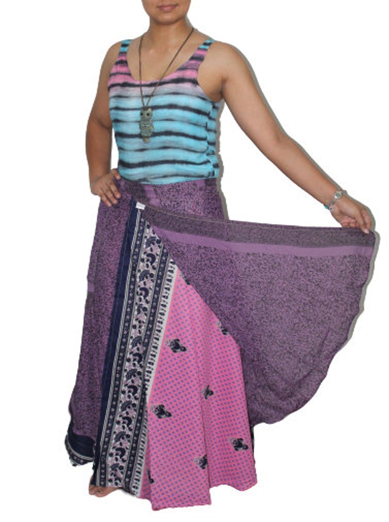 Handmade Indian Silk Sari Double Layer Long Wraparound Women Skirt Designer Multicolor Hippie Boho Beach Wear Casual Flamenco Dress