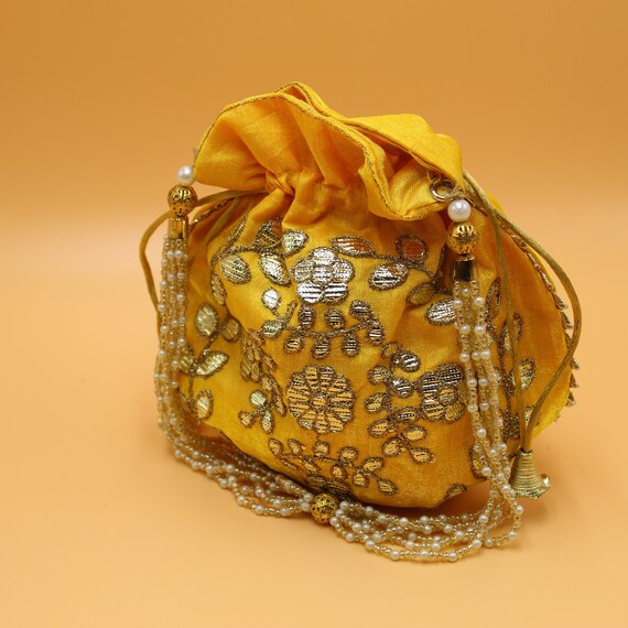 Buy Light Gold Sling Bag With Zari, Swarovski And Moti Embroidery By Sole  House KALKI Fashion India