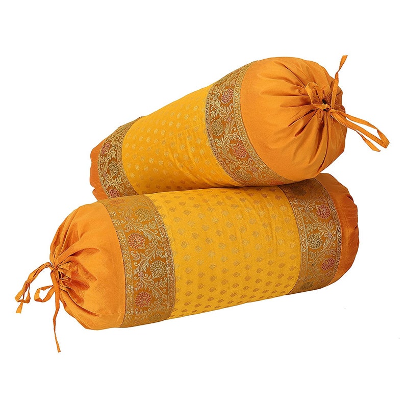 Indian Ethnic Brocade Polydupion Silk Mustard Bolster Cushion Cover Throw Bed Home Decor Back Support Cylindrical Sofa Pillowcase 15X30 Inch image 5