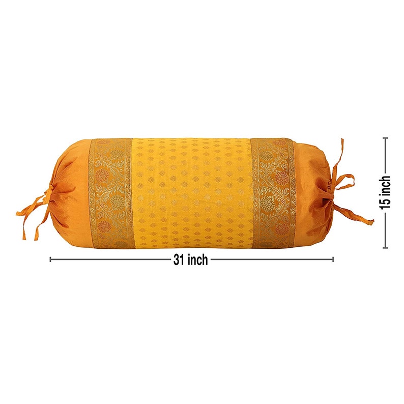 Indian Ethnic Brocade Polydupion Silk Mustard Bolster Cushion Cover Throw Bed Home Decor Back Support Cylindrical Sofa Pillowcase 15X30 Inch image 2