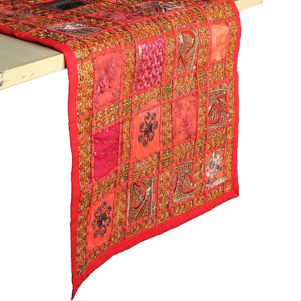 Indian Handmade Vintage Patchwork Table Runner Decorative 6 Seater Hand Embroidered Red Cotton Boho Bohemian Table Cloth 60X20 Inches