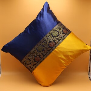 Indian Decorative Brocade Yellow & Blue Silky Satin Cushion Cover Square Throw Pillowcase for Couch Sofa Home Decor Ethnic Pillow Cover