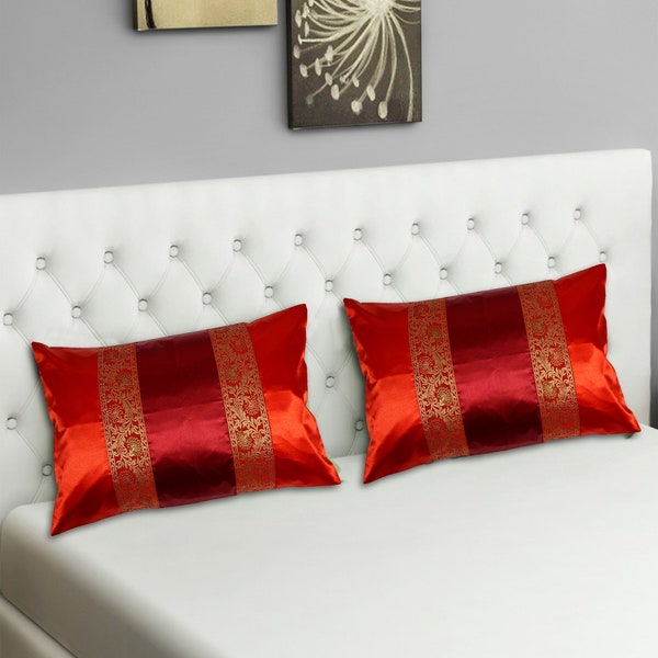 Indian Brocade Red & Orange Soft Silky Satin Luxury Pillowcase Rectangle Throw for Bed Sofa Home Decor Farmhouse Pillow Cover 16X26 Pouces