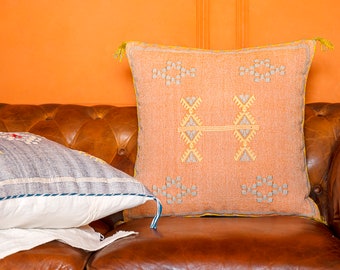 Moroccan Sabra Pillow Hand Embroidered Orange Cushion Cover Throw pillow cover With Tassels & hidden zipper  20x20 inch