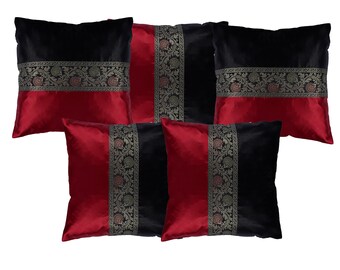 Set of 4 Indian Solid Soft Silky Satin Red & Black Cushion Covers Square Throw Decorative Pillowcases for Couch Sofa Home Decor 16X16 In