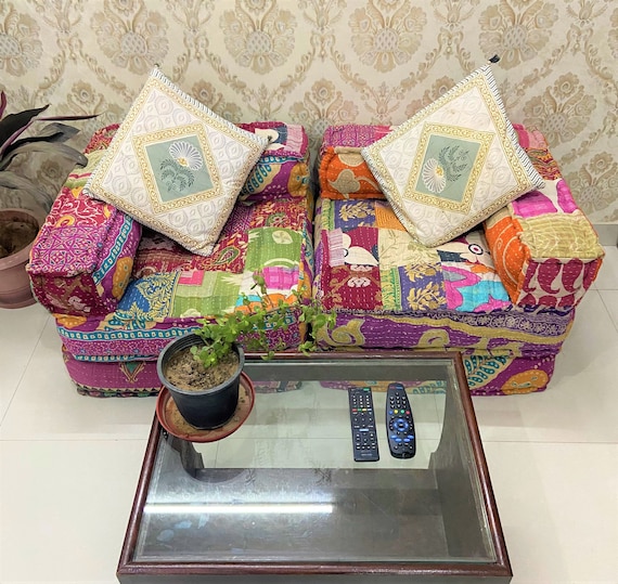 Indian Kantha Vintage Multicolor Sofa Handmade Patchwork Home