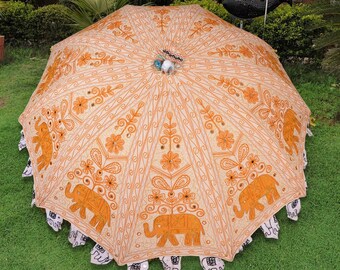 Indian Cotton Elephant Embroidery Garden Umbrella Wedding Decoration Handcrafted Beach Sun Protective Hippie Bohemian Large Garden Parasols