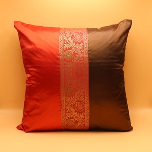 Indian Decorative Brocade Coffee & Red Silky Satin Cushion Cover Square Throw Pillowcase Couch Sofa Home Decor Ethnic Pillow Cover image 3
