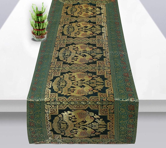Vintage Dining Room Dark Green & Gold Silk Table Runner Etsy