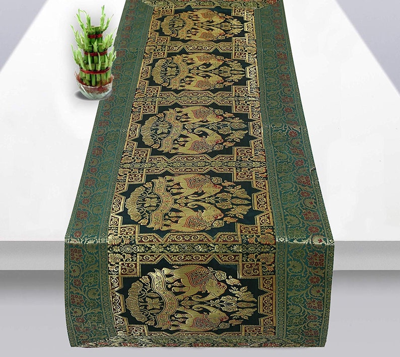 Vintage Dining Room Dark Green & Gold Silk Table Runner | Etsy