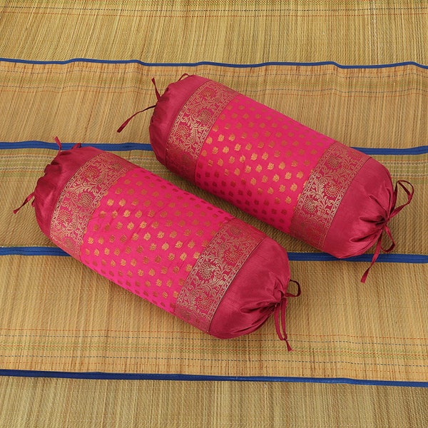 Indian Ethnic Brocade Polydupion Silk Maroon Bolster Cushion Cover Throw Bed Home Decor Back Support Cylindrical Sofa Pillowcase 15X30 Inchs