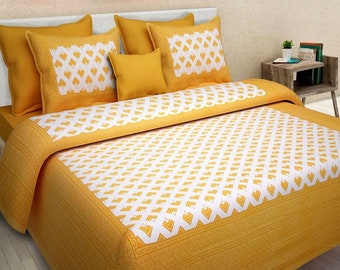 Indian Bedsheet Block Printed with Pillow Covers Yellow Bed Sheets Boho Print, Cotton Bedspread For Home Decor House Warming Gift