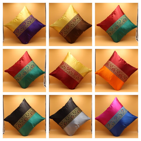 Handmade Decorative Pillows Soft Silky Satin Cushion Covers Square Throw Pillowcases for Couch Sofa Home Decor Ethnic Pillow Covers 16X16 In