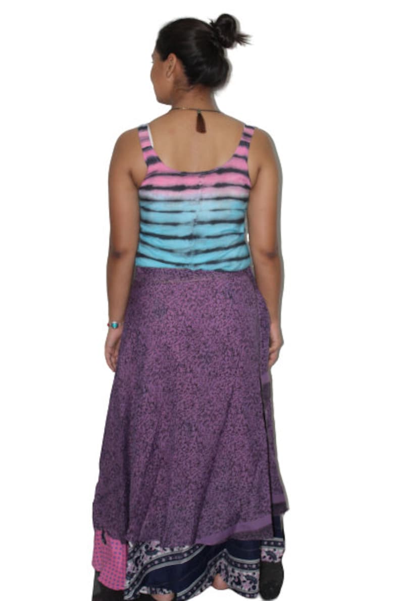 Handmade Indian Silk Sari Double Layer Long Wraparound Women Skirt Designer Multicolor Hippie Boho Beach Wear Casual Flamenco Dress