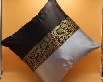 Indian Decorative Brocade Soft Silky Grey & Black Satin Cushion Cover Square Throw Pillowcase for Couch Sofa Home Decor Ethnic Pillow Cover