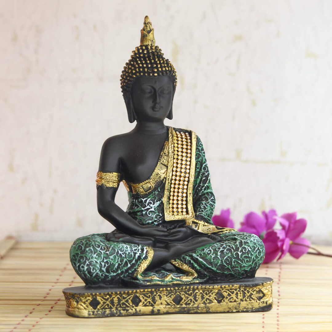Green Buddha Statue Garden Meditating Buddha Figure Indoor Decoration