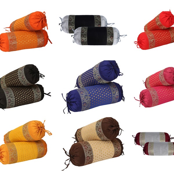 Lot de 9 housses de coussin ethniques indien en brocart en soie, traversin multicolore, décoration de lit, support du dos, taie d'oreiller cylindrique pour canapé, 15 x 30 po