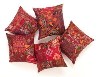 Set of 5 Silk Red Color Assorted Patchwork Kantha Cushion Cover Vintage Kantha Pillow Covers Indian Bohemian 18x18 inch Throw Pillow