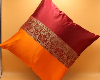 Indian Decorative Brocade Orange & Maroon Silky Satin Cushion Cover Square Throw Pillowcase for Couch Sofa Home Decor Ethnic Pillow Cover