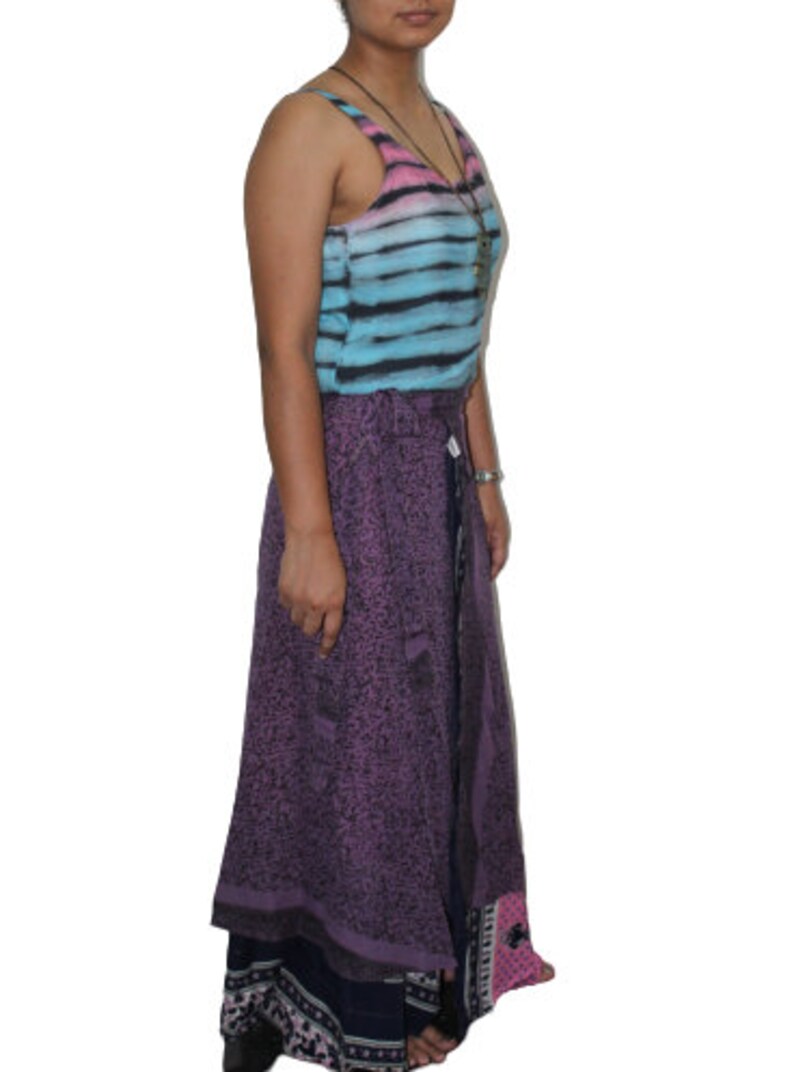 Handmade Indian Silk Sari Double Layer Long Wraparound Women Skirt Designer Multicolor Hippie Boho Beach Wear Casual Flamenco Dress