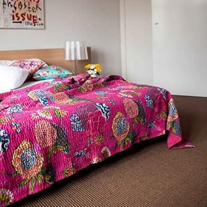 Indian Handmade Fruit Print Cotton Magenta Pink Quilt Blanket Bedspread Kantha Work Bohemian Bed Decor Sofa Coverlet Throw Blanket 90X108