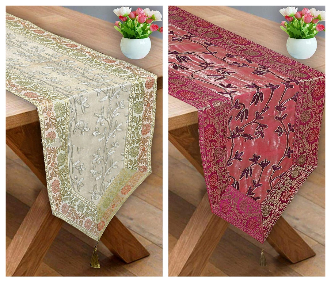 White & Pink Table Runner Coffee Table Mat Ari Zari Embroidered Brocade