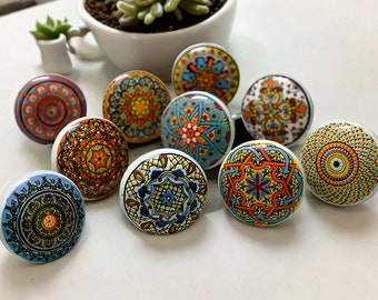 Marrakesh Multicoloured Ceramic Front Door Knobs Mandala Drawer Pulls Kitchen Cabinet Pulls Hand Painted 10 Pc