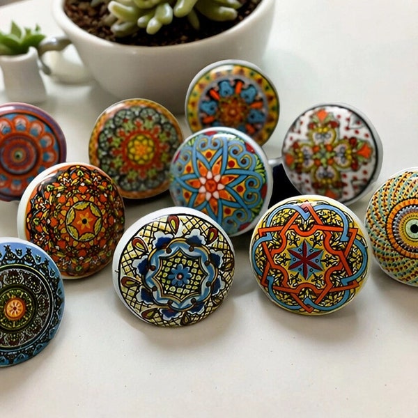 Marrakesh Multicoloured Ceramic Front Door Knobs Mandala Drawer Pulls Kitchen Cabinet Pulls Hand Painted 10 Pc