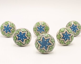 Handmade Green Cupboard Ceramic Round Door Knobs with Hand Painted Star Design Door Handle Kitchen Cabinet Drawer Pulls and Chrome Hardware