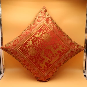 Indian Ethnic Brocade Banarsi Silk Peacock & Elephant Orange Cushion Cover Square Throw Pillowcase for Couch Sofa Home Decor Pillow Cover image 2