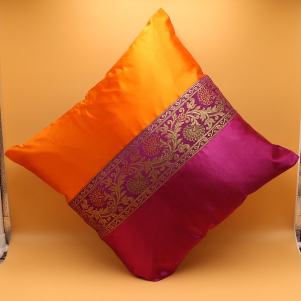 Orange & Magenta Pink Silky Satin Cushion Cover Indian outdoor Decorative Pillows Throw Pillowcase Couch Sofa Home Decor Ethnic Pillow Cover