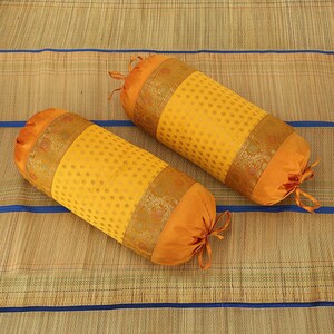 Indian Ethnic Brocade Polydupion Silk Mustard Bolster Cushion Cover Throw Bed Home Decor Back Support Cylindrical Sofa Pillowcase 15X30 Inch image 1