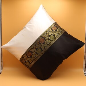 Indian Decorative Brocade White & Black Soft Silky Satin Cushion Cover Square Throw Pillowcase for Couch Sofa Home Decor Ethnic Pillow Cover