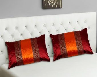 Brocado indio granate & naranja suave sedoso satinado funda de almohada de lujo rectángulo tiro para la cama sofá casa decoración casa casa cubierta de almohadas 16X26 pulgadas