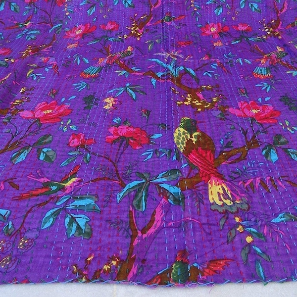 Indian Handmade Bird Print Cotton Purple Quilt Blanket King Size Bedspread Kantha Work Bohemian Bed Decor Sofa Coverlet Throw Blanket 90X108